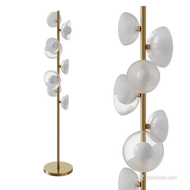 Modern Floor Lamp With Gold Metal Pole And Multiple White Round Glass Shades 3d model 