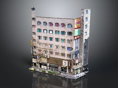 Old Style Multi Story Building With Colored Windows Ground Floor Shops And Exterior Signboards 3d model