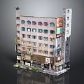 Old Style Multi Story Building With Colored Windows Ground Floor Shops And Exterior Signboards