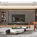 Modern Living Room Interior With Marble TV Wall Orange Chair Coffee Table And Green Plant