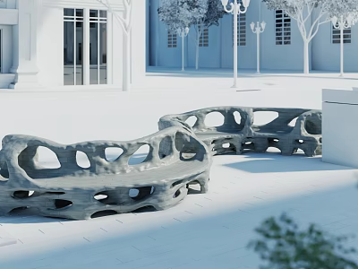Hollow Stone Landscape Seats In Outdoor Courtyard With White Buildings And Trees 3d model