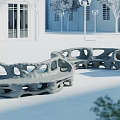 Hollow Stone Landscape Seats In Outdoor Courtyard With White Buildings And Trees