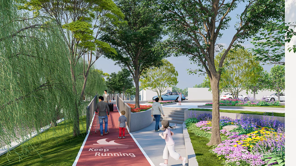 Road Facilities With Red Walking Path Greenery Trees Pedestrians And Keep Running Sign 3d model 