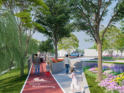 Road Facilities With Red Walking Path Greenery Trees Pedestrians And Keep Running Sign 3d model
