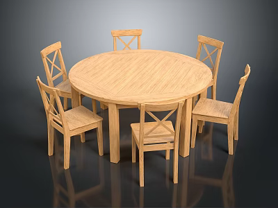 Rustic Wooden Round Dining Table With Six Chairs For Dining Room Interior 3d model