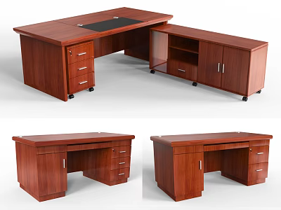 L Shaped Wooden Office Desk with Drawers Cabinets and Black Tabletop 3d model