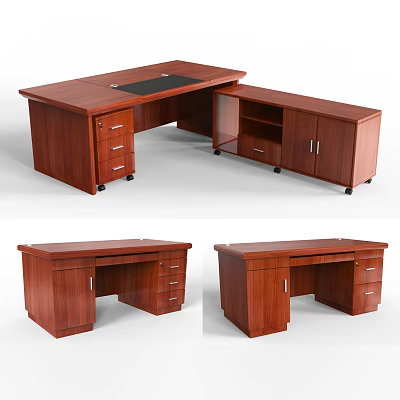 L Shaped Wooden Office Desk with Drawers Cabinets and Black Tabletop 3d model