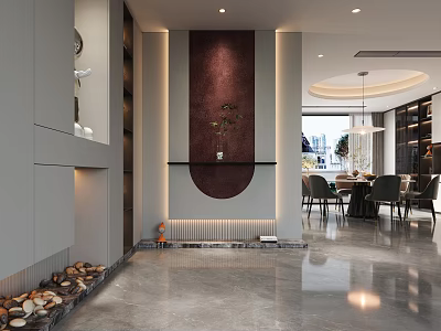Modern Foyer Hallway Design With Storage Cabinets Marble Flooring And Wall Decor 3d model