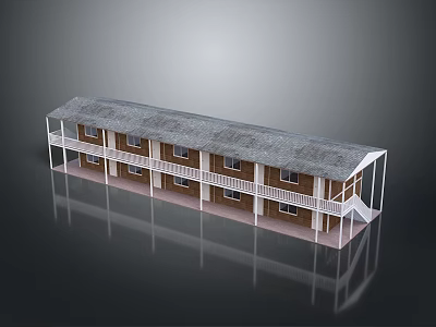 Two Story Building With Gray Roof White Railings Brown Walls And Front Porch 3d model