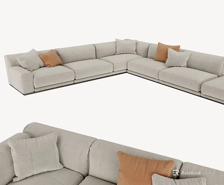 Modern Light Gray Fabric Sectional Sofa With Orange And Light Gray Decorative Pillows 3d model