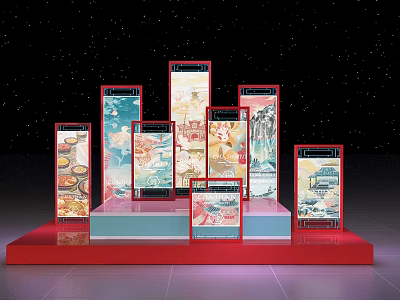 Traditional Photo Spot With Red Frame Display Boards Colorful Artwork And Starry Background 3d model