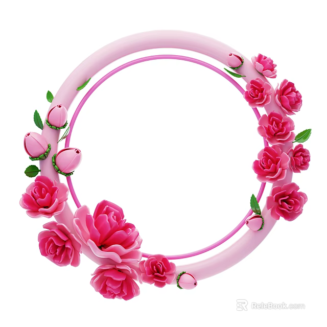 Pink Circular Frame Decorative Ornament Set With Pink Roses And Green Leaves 3d model 