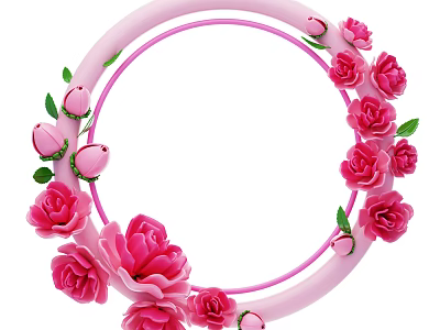 Pink Circular Frame Decorative Ornament Set With Pink Roses And Green Leaves 3d model