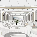 Elegant Banquet Hall Interior With Round Tables White Tablecloths Flower Vases And White Chairs