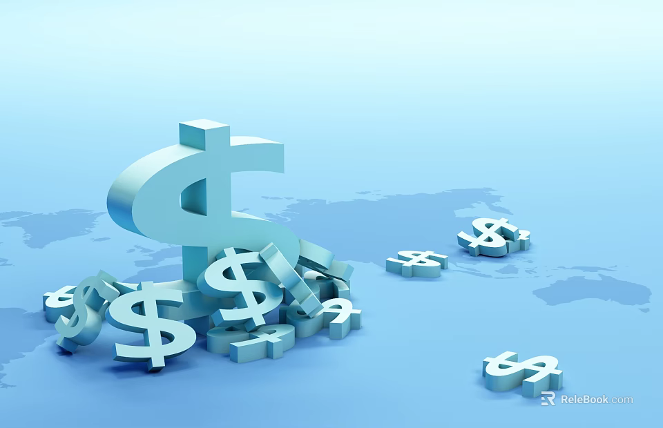 Dollar Symbols Stacked And Scattered On Blue World Map Background 3d model 
