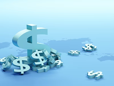 Dollar Symbols Stacked And Scattered On Blue World Map Background 3d model