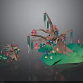 Colorful Cartoon Trees with Pink Flowers Green Base and Colorful Decorations in 3D Design