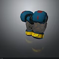 Blue And Gray Mechanical Gloves With Red Square Decorations And Yellow Text Accents