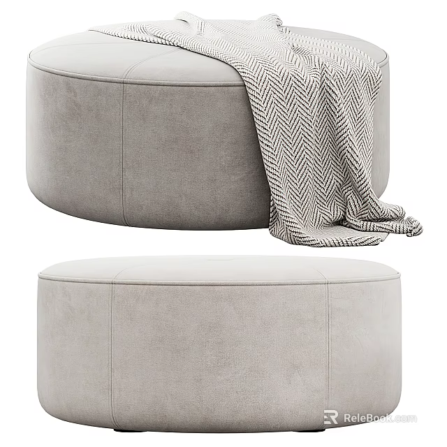 Stylish Gray Velvet Ottoman With Round Shape And Herringbone Throw Blanket For Living Room 3d model 