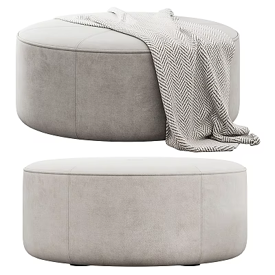 Stylish Gray Velvet Ottoman With Round Shape And Herringbone Throw Blanket For Living Room 3d model