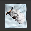 Game And Movie Character With Fur Coat Holding Weapon On Ice Block With Snowflakes