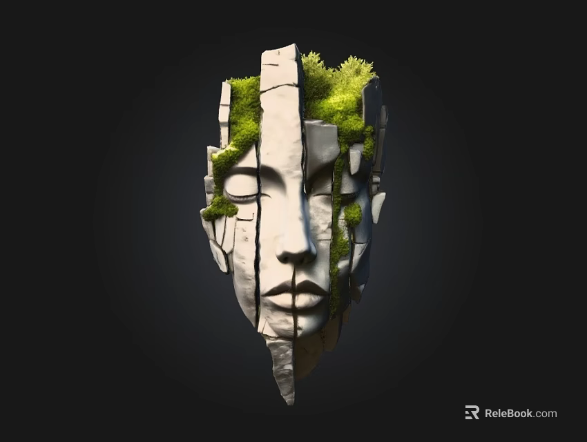 Artistic Wooden Stone Face Sculpture with Green Moss and Growing Plants 3d model 