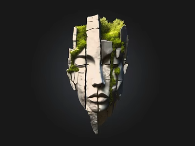 Artistic Wooden Stone Face Sculpture with Green Moss and Growing Plants 3d model