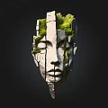 Artistic Wooden Stone Face Sculpture with Green Moss and Growing Plants