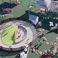 Circular Outdoor Recreational Space With Green Lawn Stone Paths And Small Buildings