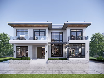 Modern Detached Villa Exterior With Two Story Balconies Large Glass Windows And Greenery 3d model