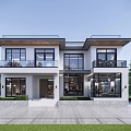 Modern Detached Villa Exterior With Two Story Balconies Large Glass Windows And Greenery