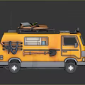 Daily Living Necessities On Yellow Van Roof With Surfboards And Flame Decals
