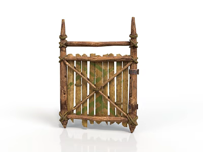 Rustic Wooden Gate With Spiked Tops Crossed Slats And Mossy Details 3d model