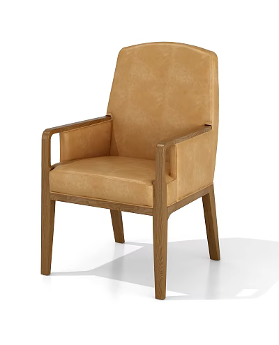 Modern Tan Leather Dining Chair With Wooden Frame And Comfortable Armrest Design 3d model