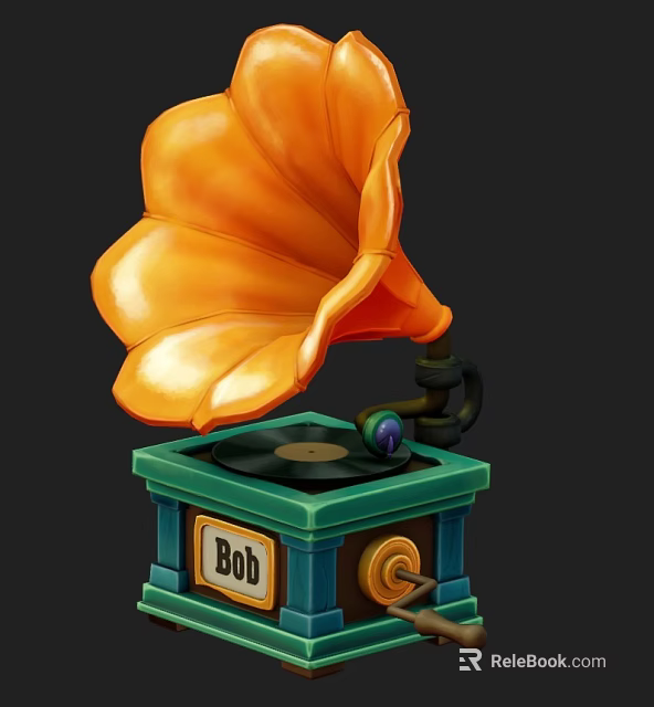 Vintage Orange Horn Gramophone with Green Base Vinyl Record and Bob Label 3d model 