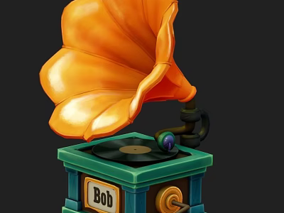 Vintage Orange Horn Gramophone with Green Base Vinyl Record and Bob Label 3d model