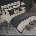 Elegant Double Bed With Upholstered Headboard Multiple Pillows Bedside Lamps Bench And Striped Rug