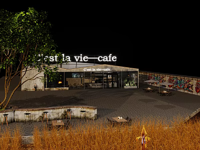 C'est la vie Cafe Modern Exterior With Outdoor Seating Graffiti Wall Green Tree At Night 3d model