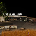C'est la vie Cafe Modern Exterior With Outdoor Seating Graffiti Wall Green Tree At Night
