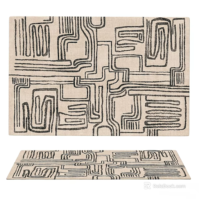 Modern Square Rug Interior Design With Geometric Black White Lines Pattern 3d model 
