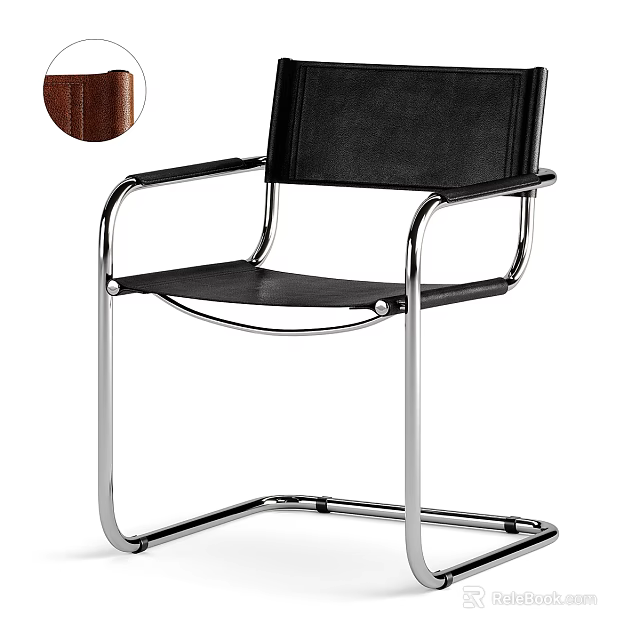 Modern Office Chair with Black Leather Seat and Silver Metal Frame Armrests 3d model 