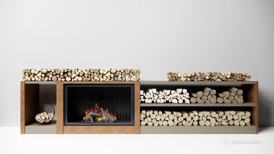 Modern Fireplace Interior Design With Neatly Stacked Firewood On Wooden Shelves 3d model 