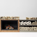 Modern Fireplace Interior Design With Neatly Stacked Firewood On Wooden Shelves