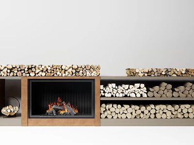 Modern Fireplace Interior Design With Neatly Stacked Firewood On Wooden Shelves 3d model
