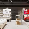 Modern Furniture Retail Shop With Wooden Beds Shelves And Display Racks