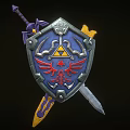 Ornate Medieval Shield And Sword With Blue Surface Red Emblem Yellow Accents