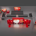 Red Themed Festival Decor Setup With Heart Shaped Props And Fu Characters Calendar