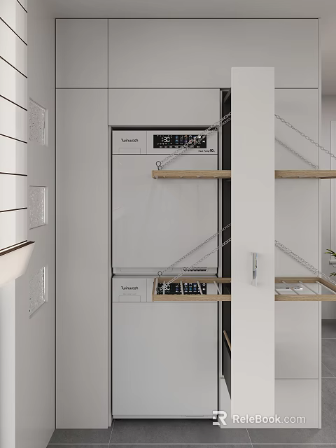 Modern Laundry Room Interior Featuring Washing Machine Dryer And Wooden Shelves 3d model 