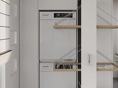 Modern Laundry Room Interior Featuring Washing Machine Dryer And Wooden Shelves 3d model