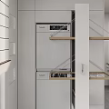 Modern Laundry Room Interior Featuring Washing Machine Dryer And Wooden Shelves
